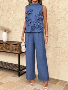 SHEIN Clasi Sleeveless 3D Floral Top And Wide Leg Pants Set, Elegant And Refined Outfit - Blue - View 3