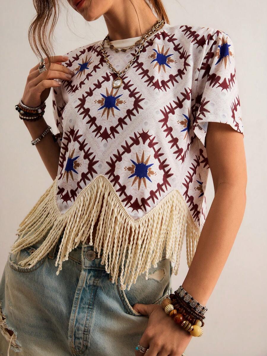 Freevana Áo thun tay ngắn ren móc họa tiết hình học phong cách Boho miền Tây – Cổ tròn, dáng rộng, cổ chữ V, viền tua rua, áo kiểu nữ thường ngày cho lễ hội Coachella, phong cách cao bồi, rodeo, kỳ nghỉ hè. - Nhiều màu - Xem 1