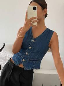 DAZY Áo sơ mi denim không tay đa năng dành cho nữ - Màu xanh lam - Xem 5