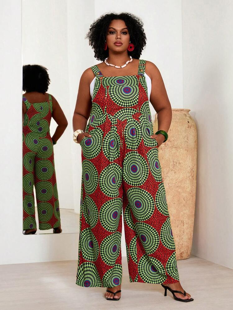 Plus Size Women Geometric Pattern Wide Leg Loose Jumpsuit Women Vacation Outfit Sets Holiday Outfits For Women Curve Summer Outfits For Women  Beach Outfit For Women  Casual  Vacation Outfits Women Country Concert Outfit Peplum