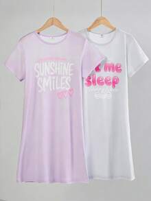 Girls Cute Cartoon Letter Print Milk Silk Fabric Short Sleeve Nightgown Loungewear - Multicolor - View 1