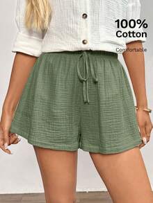 Easowa Pantalones cortos de mujer de algodón elásticos de cintura cómodos y casuales de verano, adecuados para el ocio diario y el estilo retro - Verde - Ver 7