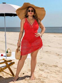 Swim Lushoire Baju Renang Tankini Leher V Rajut Jacquard Merah Ukuran Besar, Rok Baju Renang Wanita Musim Panas untuk Liburan Pantai, Elegan, Tali Bahu yang Dapat Diatur - Merah - View 3