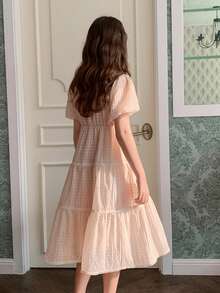 DAZY Tween Girls Cute Bubble Short Sleeve Round Neck Dress, Fall - Apricot - View 7