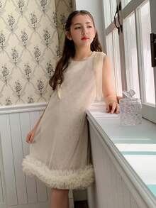 DAZY Tween Girl Pearl Decor Round Neck Bow Shoulder Decor Sleeveless Dress - Apricot - View 7