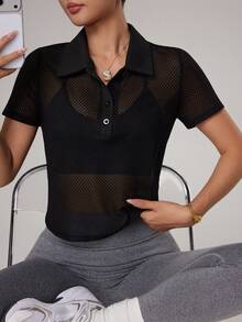 Dewbera Camisa Polo Esportiva de Manga Curta com Tela Vazada e Cor Sólida para Mulheres - Preto - Visão 1