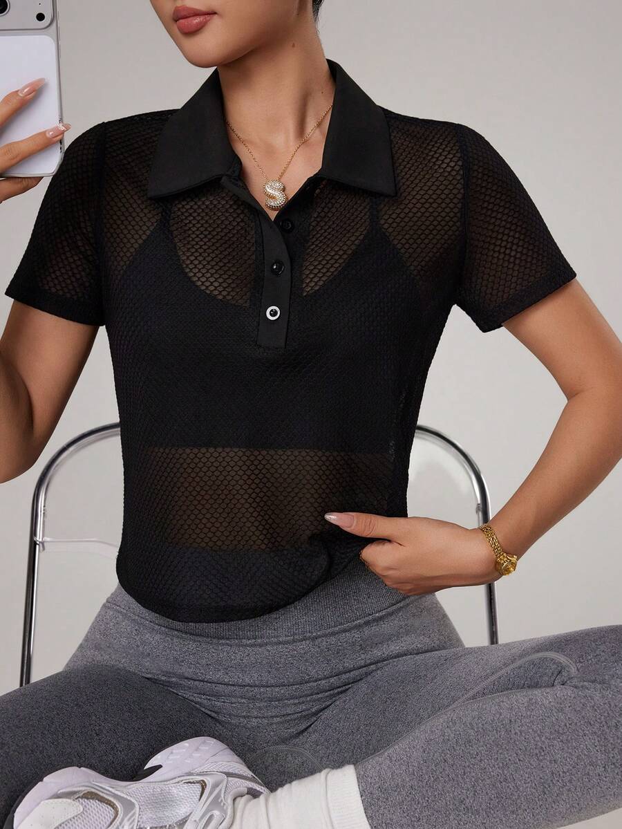 Dewbera Camisa Polo Esportiva de Manga Curta com Tela Vazada e Cor Sólida para Mulheres - Preto - Visão 1