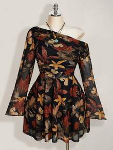 SHEIN ICON Vestido de manga larga con estampado de hoja de arce, estilo vintage, casual y ajustado, adecuado para la primavera, talla grande Y2K - Multicolor - Ver 3