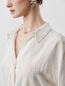 Aalyst Women's White Summer Elegant Office Striped Linen-Like Shirt Collar Button Waist Drawstring Tie Short Sleeve Side Slit Blouse,French Retro Commute - Apricot - View 6