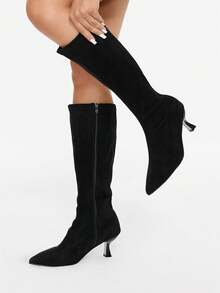 Glitzique Fall/Winter 2025 Korean Style Minimalist Over The Knee Black Boots, Elastic Black Skinny Boots With Side Zipper And Pointed Toe High Heels , Perfect With Dresses - Black - View 3