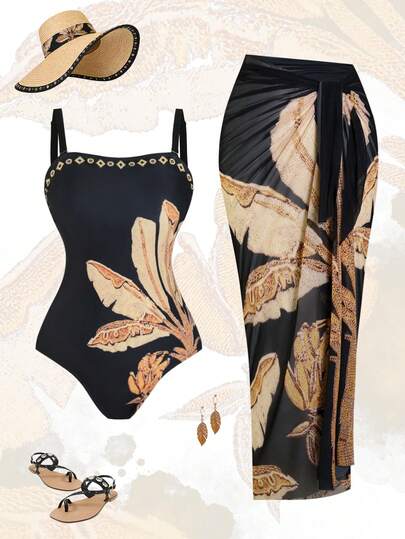 Swim Oasis Plus Size Women 2pcs High-End Black & Gold Banana Leaf Print Bandeau Swimsuit With Mesh Wrap Skirt, Beach Holiday