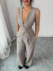 DAZY 女士休闲条纹背心和裤子两件套，夏季 - 卡其色 - 查看 6