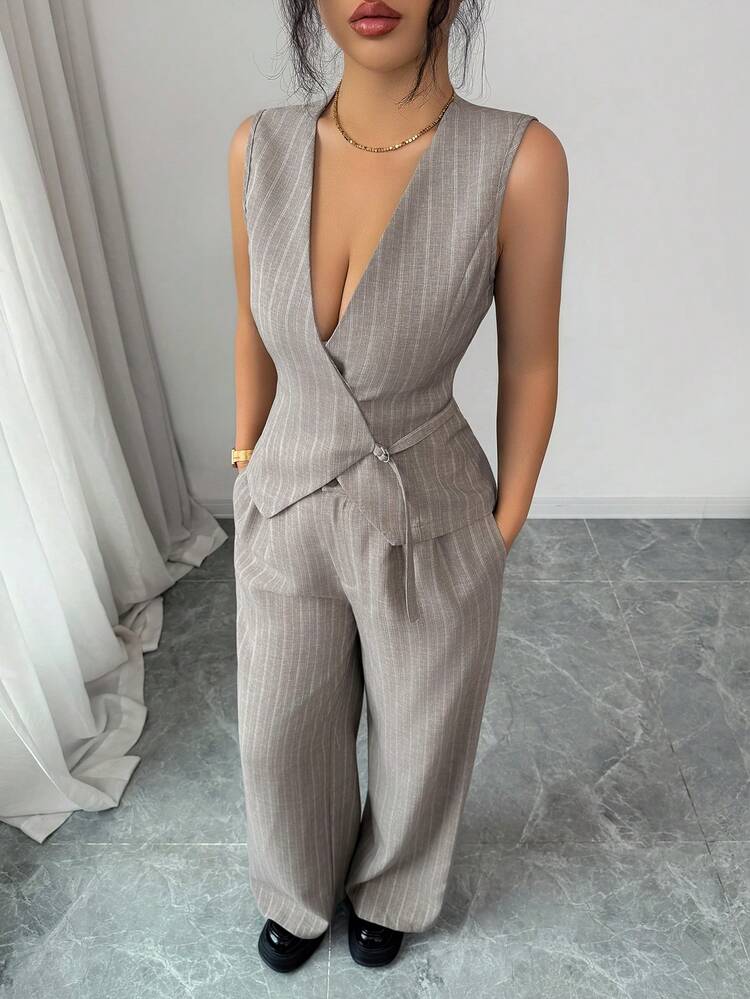 Women's Casual Striped Vest And Pants 2 Pieces Set, Summer
