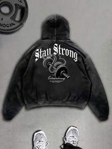 Sport MetroGents Men's Letter & Barbell Print Long Sleeve Drawstring Hooded Sweatshirt With Pocket - Black - View 2