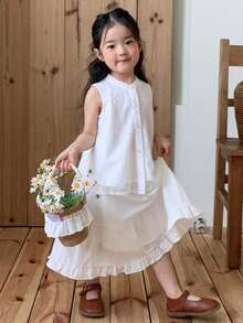 DAZY Toddler Girls' Lace Skirt & Sleeveless Shirt Set, Spring/Summer Korean Style - White - View 4