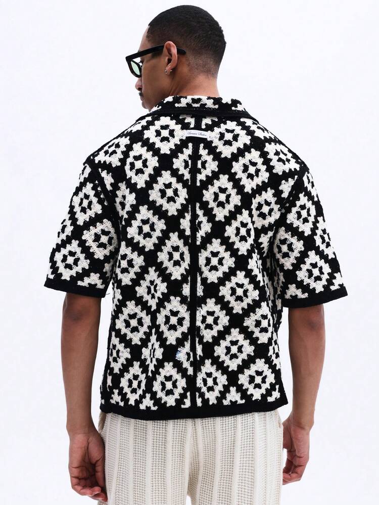 Crochet Patterned Short Sleeve Shirt With Buttons