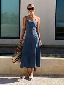 DAZY Women's Elegant Washed Denim Sling Dress, Summer - Blue - View 5