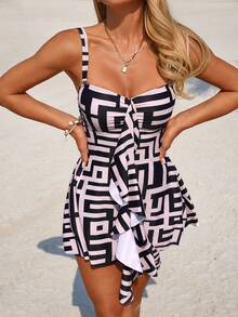 Swim Lushoire Women's Geometric Print Camisole One-Piece Swimsuit, Suitable For Outings, Vacations, Beach, Afternoon Tea, Picnics - Multicolor - View 5