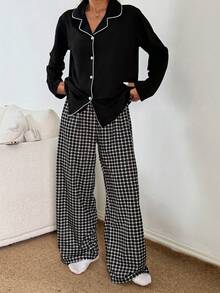 Napfluff Doze Lane Women's Collared Button Decor Plaid Print Pajama Set - Black and White - View 3