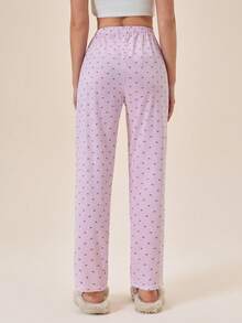 Loomlin Women Cotton Pink With Contrast Colour Striped Heart Patterned Fake Drawstring Detail Long Homewear Casual Cute Sleep Bottom Pants - Pink - View 2