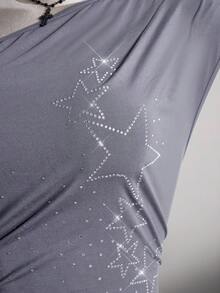 SHEIN ICON 大码 Y2K 斜肩星星水钻复古性感针织上衣，街头风，休闲风，斜肩扭结针织衫 - 灰色 - 查看 7