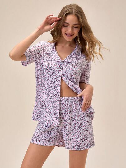 Loomlin Women Cotton 2pcs Minimal Colourful Floral Pattern Button Front With Short Sleeved Shirt&Shorts Homewear Comfort Casual Pajama Set Pj Sets For Women Short Sleeve Pajamas For Women Cotton Women Summer Pajamas Sleep Wear Women Summer Pijama Set For Women 100 Cotton