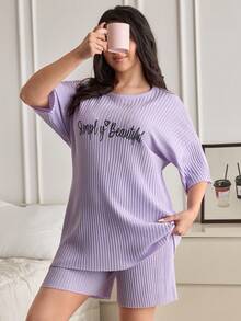 SHEIN 女士纯棉加大码两件套罗纹针织紫色撞色字母圆领短袖衬衫和短裤家居服舒适休闲睡衣套装 - 紫色 - 查看 4