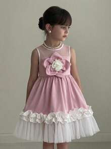 SHEIN Young Girl Floral 3D Mesh Patchwork Princess Dress - Pink - View 4