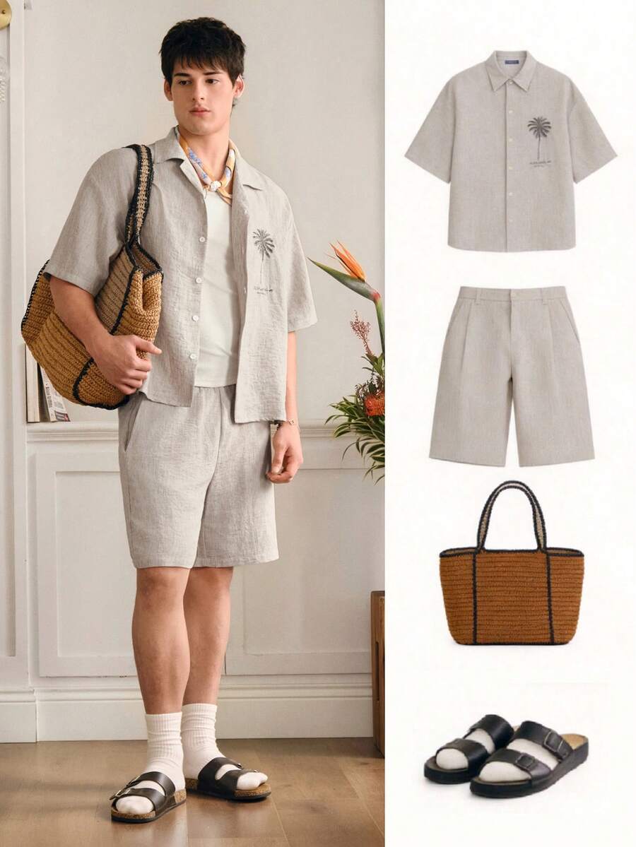 SWAVVY Men's Embroidered Shirt Set, Spring/Summer - Apricot - View 1