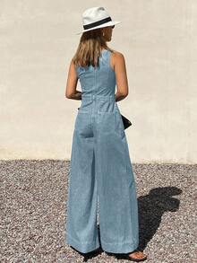 DAZY Women's Sleeveless Adjustable Strap Loose Straight Leg Casual Denim Jumpsuit - Light Wash - View 3