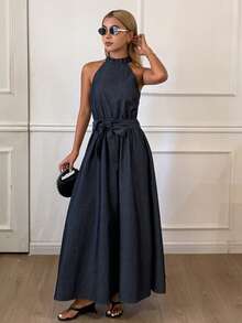 DAZY 女士无袖长款系腰休闲度假牛仔连衣裙 - 深色水洗藍 - 查看 5