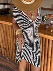 Livesso Áo tắm nữ cổ chữ V kẻ sọc, dáng rộng, ngắn, thanh lịch, gợi cảm, thích hợp mặc đi biển. - Nhiều màu - Xem 3
