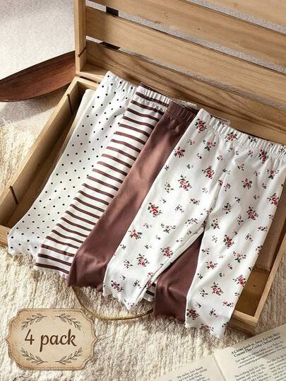 Souflis Souflis 4pcs/Pack Baby Girls' Casual Floral Print & Solid Color Leggings, Suitable For All Seasons