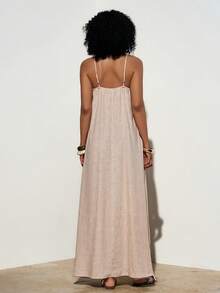 Zivah Women Light Beige Summer Tropical Vacation Holiday Boho Linen Beaded Camisole Loose Long Dress,Casual Western Vibe Beach Party Festival Maxi Dress - Khaki - View 3