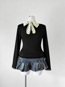 Sunspun 女士撞色蝴蝶结蕾丝饰边领口拼接长袖T恤，时尚设计 - 彩色 - 查看 7