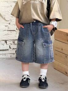 SHEIN Pantalones cortos cargo de mezclilla azul de ajuste holgado para niños - Azul lavado medio - Ver 3