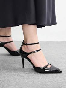 CUCCOO BIZCHIC Black Patent Leather Pointed Toe Slingback Pumps With Buckle Closure, Hollow Out Stiletto Heels, Elegant & Sexy Women Shoes - Black - View 5