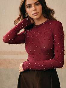 Anewsta Women's Spring Round Neck Long Sleeve Pearl Elastic Elegant Blouse - Burgundy - View 1