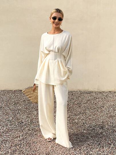 Livesso Women's Loose Business Casual Fashion Street Style Ruffled Waist Design Pullover Top And Straight Leg Pants Two Pieces Suit, Elegant Office Commuter Outfit, Suitable For Summer, Autumn, Spring