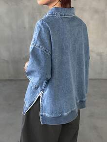 Women's Button Half-Placket Drop Shoulder Loose Pocket Denim Blouse - Blue - View 7