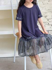 Dazy Kids 韩版休闲撞色圆领短袖连衣裙夏季连衣裙 - 黑色 - 查看 6