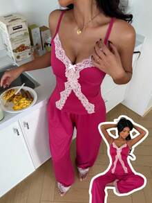 ZzzCrew 2pcs Women's Sleepwear Set: Contrast Lace Patchwork Slim Fit Camisole And Pants - Hot Pink - View 1