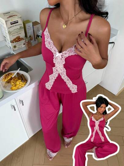 ZzzCrew مجموعة ملابس نوم للنساء: توب كامي مطرز بالدانتيل مع بنطلون ضيق مناسب