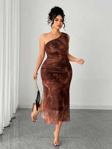 Elenzga Plus Size Mesh Floral Print Asymmetrical Shoulder Dress Summer Dress Women's Floral Dress - Coral Orange - View 7