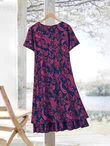 EMERY ROSE Đầm ngắn tay màu đỏ in hoa dành cho nữ cỡ lớn, thích hợp mặc vào đầu mùa xuân, trang phục mùa hè cho nữ, đầm ngắn tay, đầm họa tiết paisley, đầm in hoa cho nữ, đầm ngắn tay mùa hè. - Màu Hồng Tươi - Xem 3