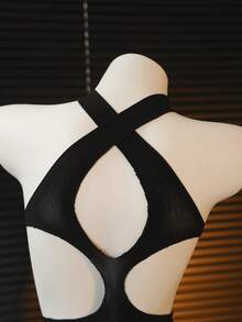 Alluring Nightfall! ChaseTheNight Black Hollow-Out Jumpsuit, Criss-Cross Halter Design, Bold Cutout Silhouette, Creates A Unique Party-Catching Look - Black - View 9