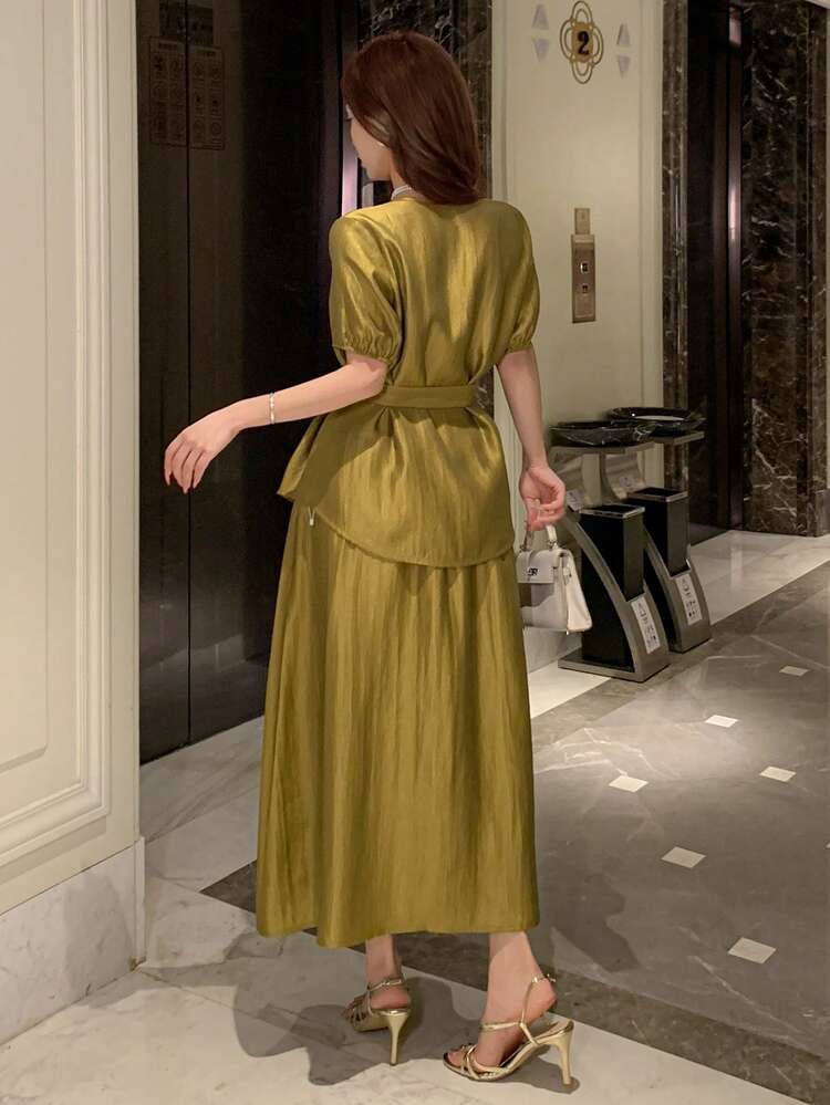Women's Elegant Solid Color V-Neck Petal Sleeve Belted Shirt & Skirt 2-Piece Set, Summer
