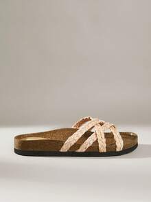 Solecia Women Shoes Spring And Summer New Woven Cross Belt Design Flat-Bottomed Vacation Leisure Style Woven Material Apricot Women's Slippers Daily Travel Seaside Vacation Wear - Apricot - View 1