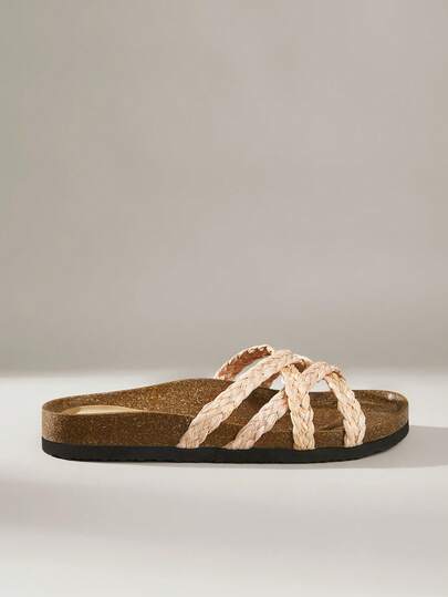 Solecia Women Shoes Spring And Summer New Woven Cross Belt Design Flat-Bottomed Vacation Leisure Style Woven Material Apricot Women's Slippers Daily Travel Seaside Vacation Wear