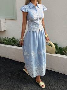 DAZY 女士夏季休闲度假花卉刺绣短袖上衣和半裙两件套 - 藍色 - 查看 5